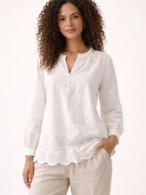 Talbots Plus Size White Eyelet Blouse Embroidered BohoSize X Long Sleeves